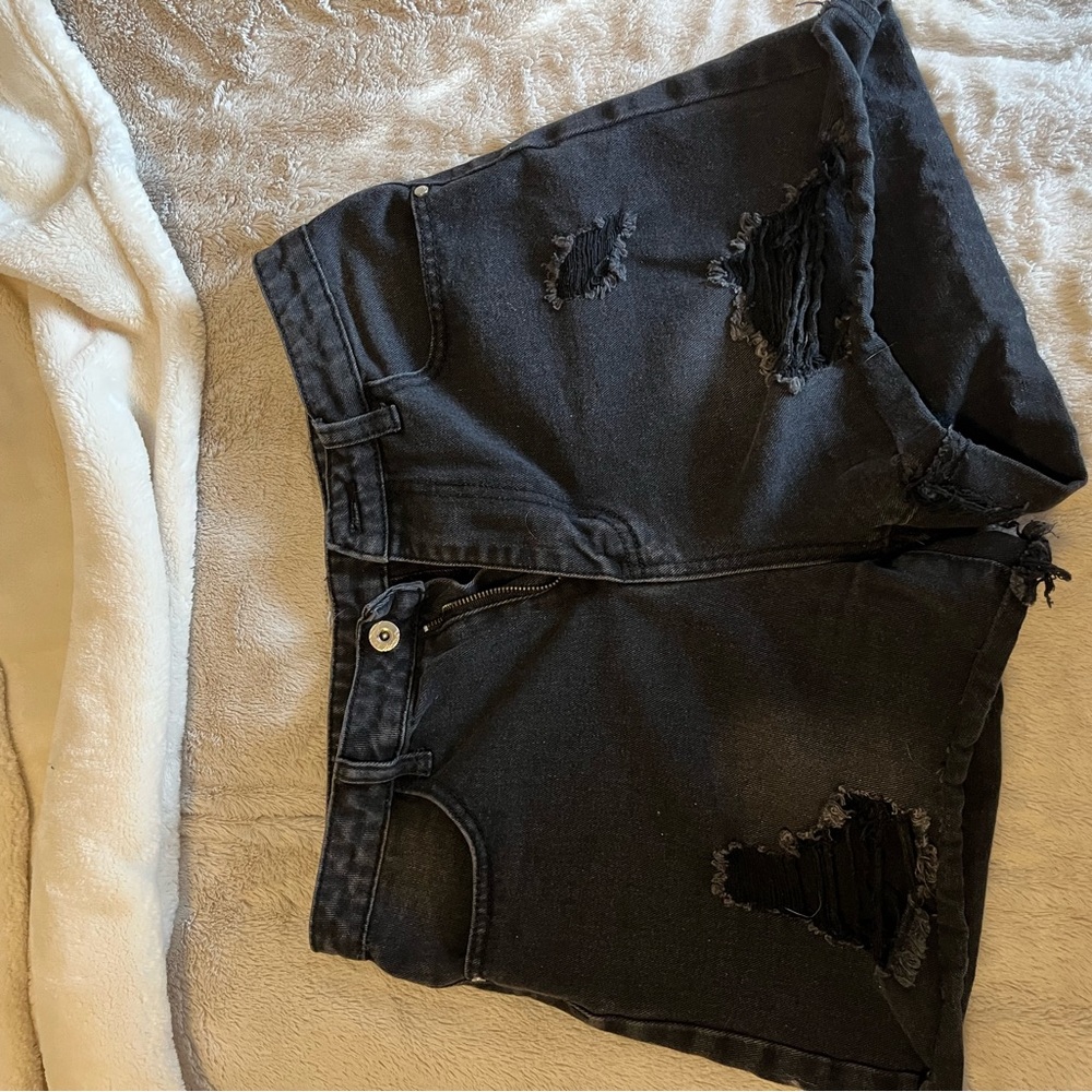 Distressed Black Denim Shorts